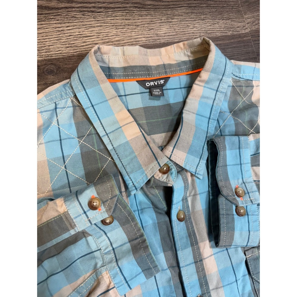 Orvis Mens XXXL Blue Plaid Long Sleeve Button Down Shirt Quilted Shoulder Patch